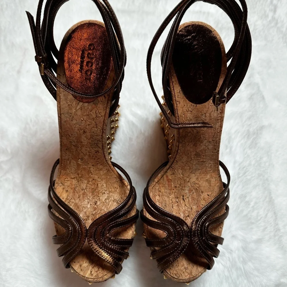 Gucci Metallic Bronze Studded Wedges